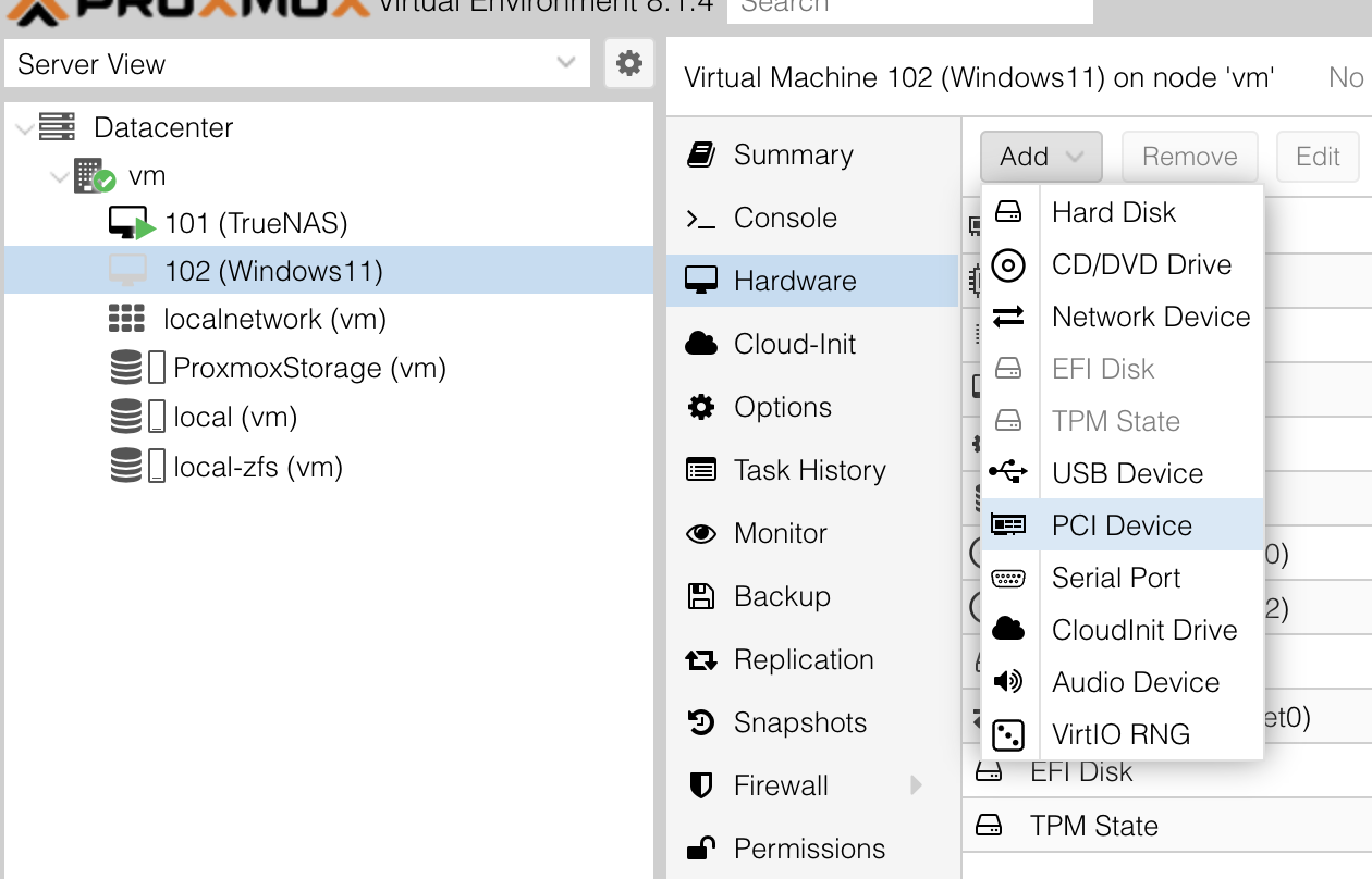 PCI Device menu selection