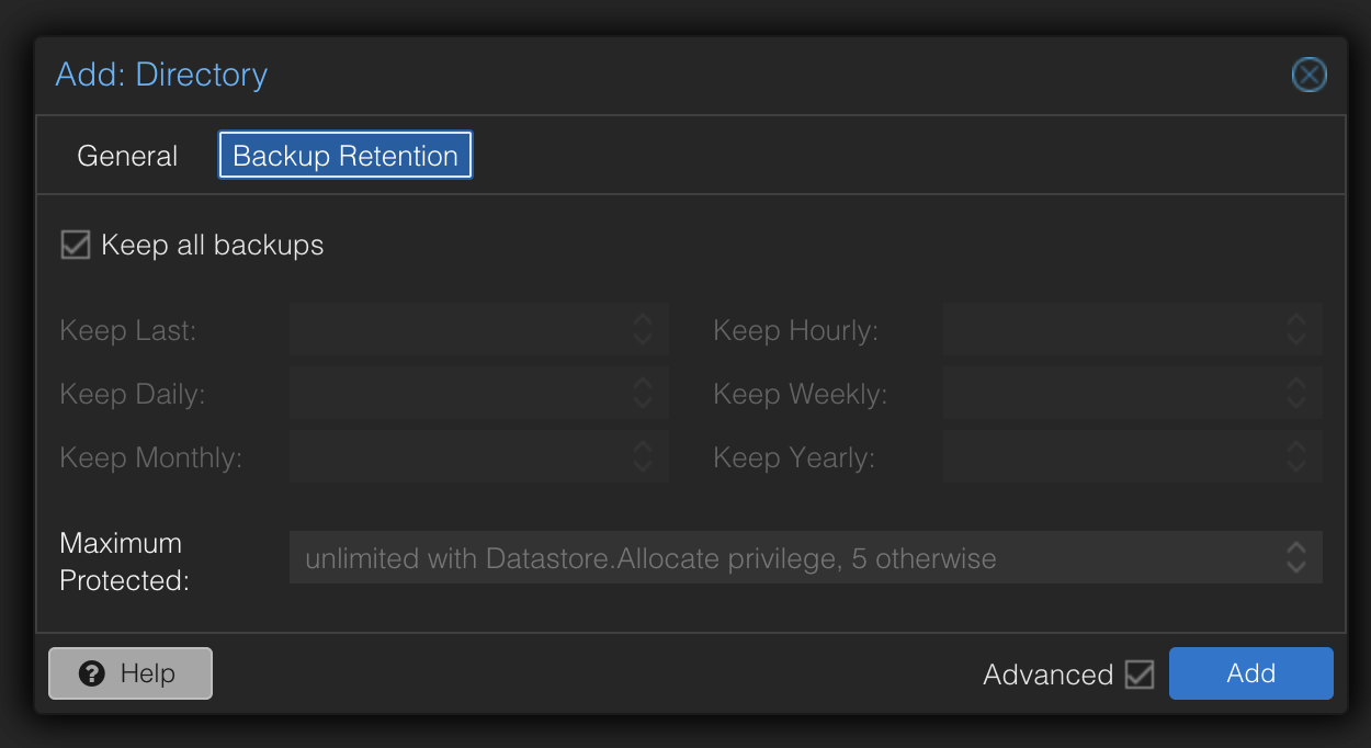 Backup retention tab in adding Directory