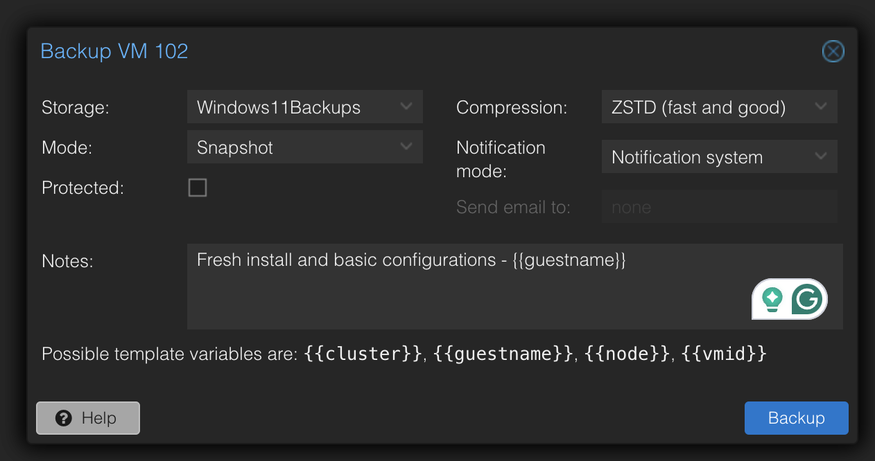 Form to backup vm snapshot to backup dataset