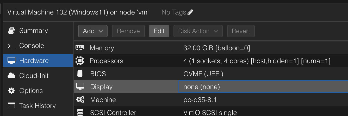 Showing the Hardware configuration set to none for display